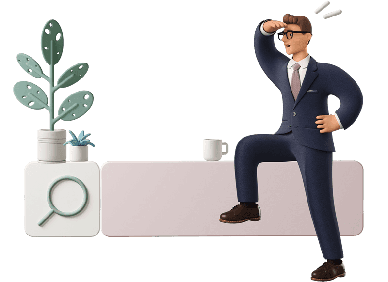 Business professional looking ahead beside a magnifying glass and plants